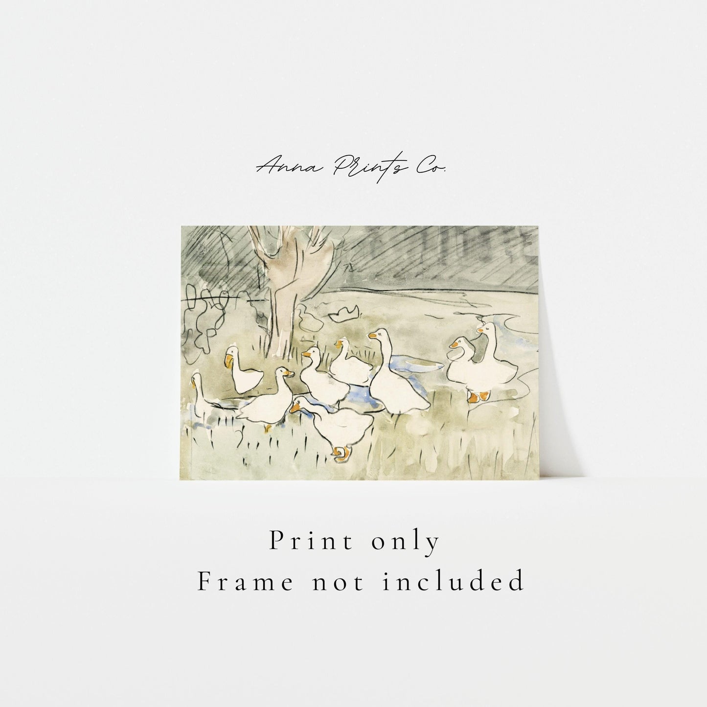 Vintage art print of Ducks Kids Nursery Decor Painting with text overlay stating frame not included