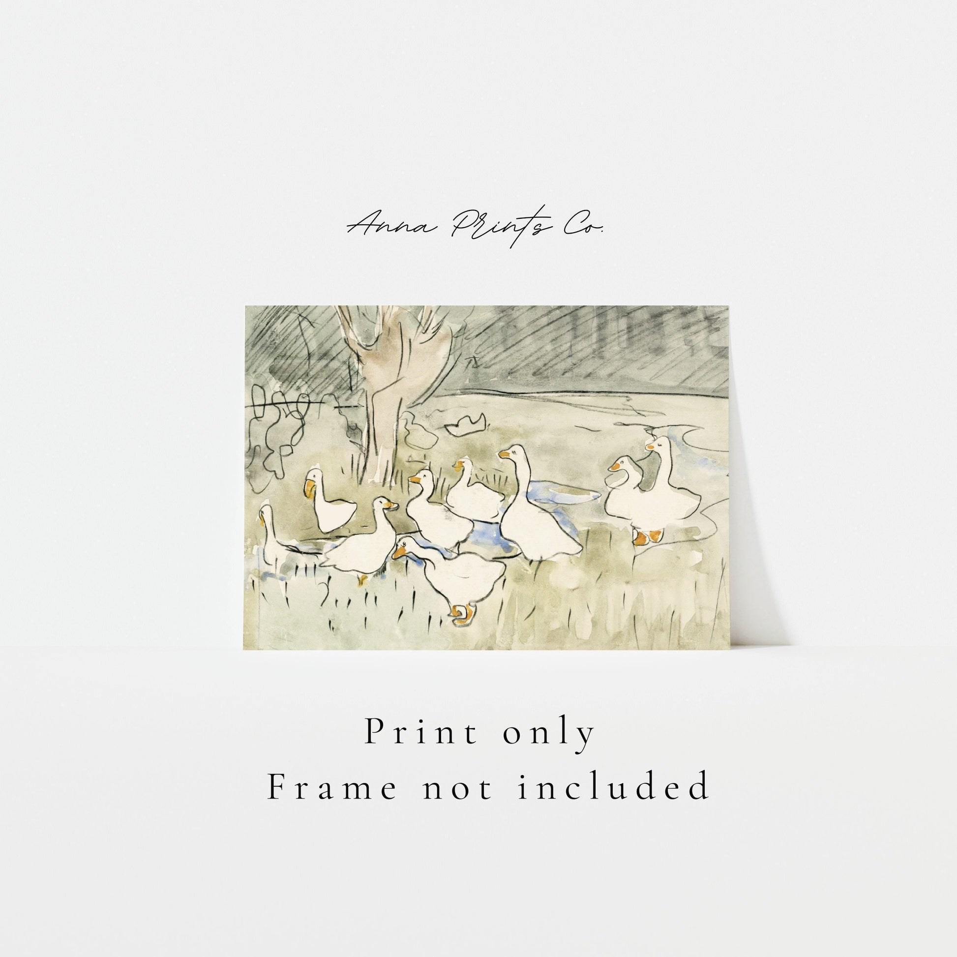Vintage art print of Ducks Kids Nursery Decor Painting with text overlay stating frame not included