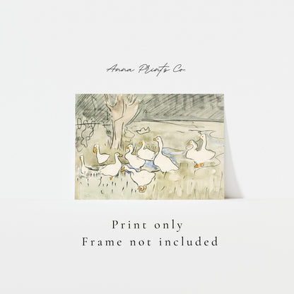Vintage art print of Ducks Kids Nursery Decor Painting with text overlay stating frame not included