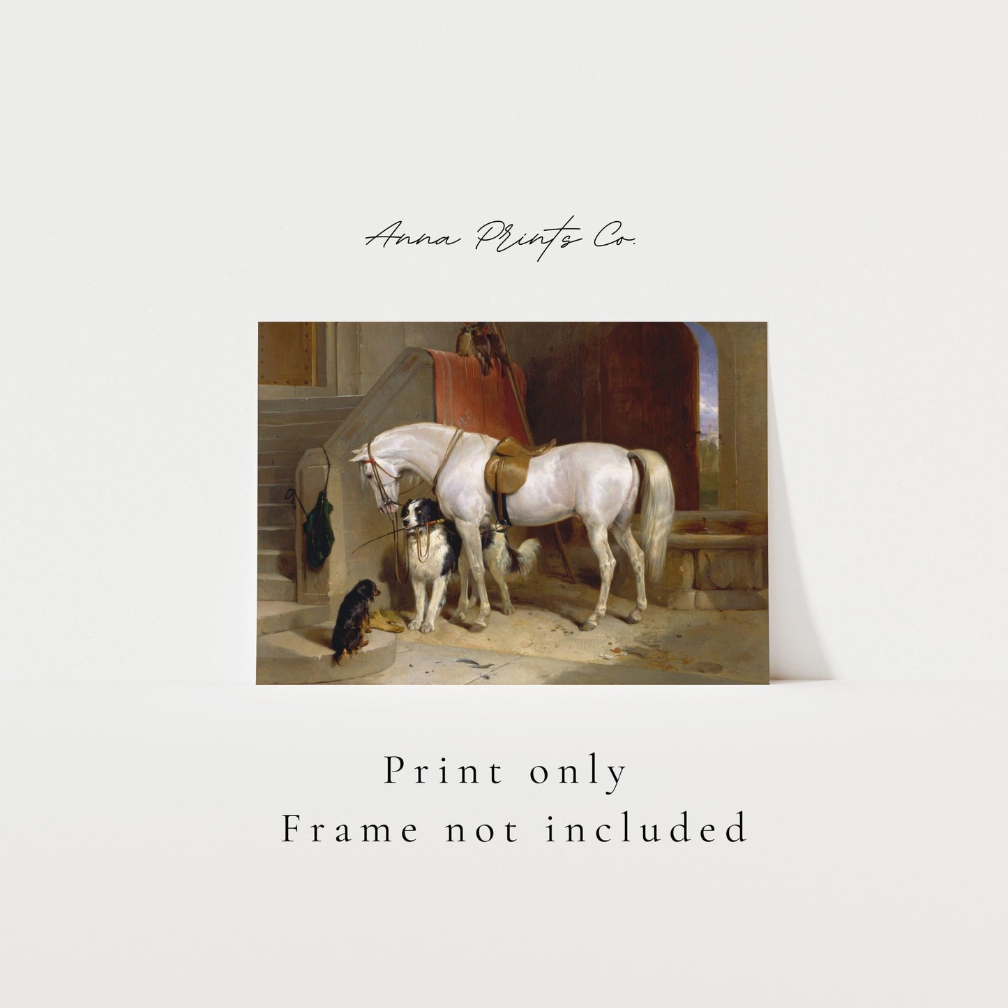Vintage art print of Dog and Horse Animal Painting with text overlay stating frame not included