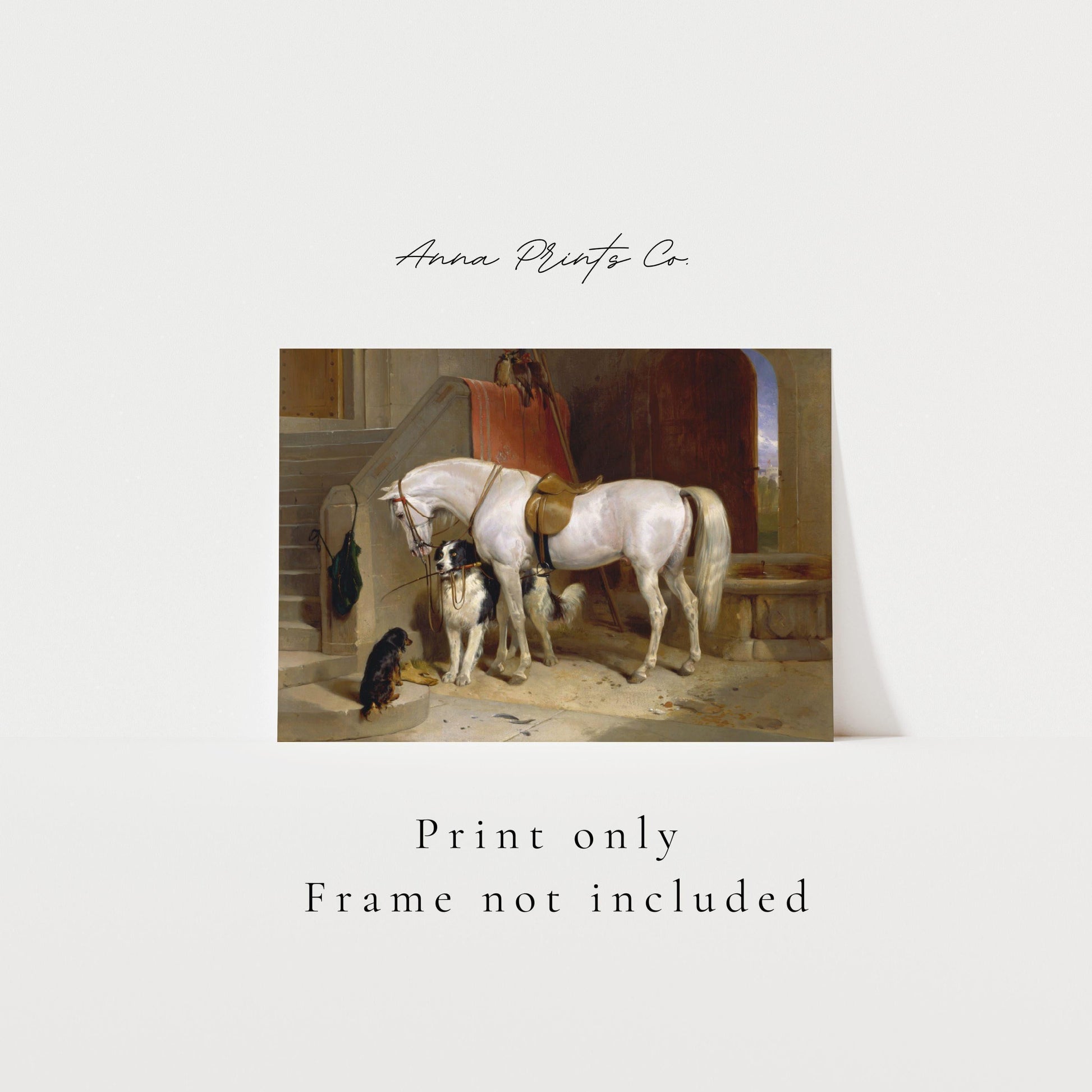 Vintage art print of Dog and Horse Animal Painting with text overlay stating frame not included
