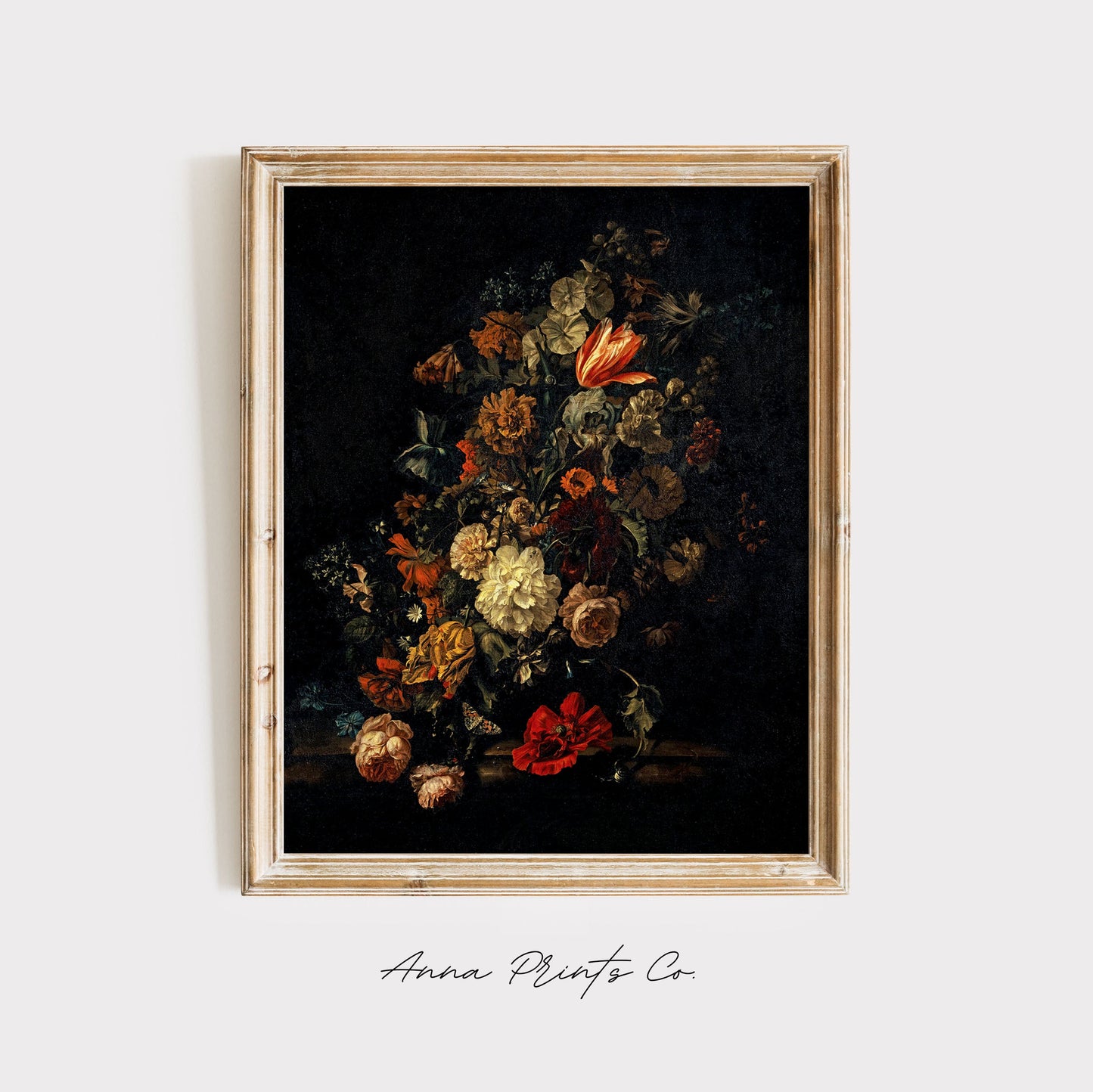 Vintage art print of Still Life with Flowers Moody displayed in wooden frame