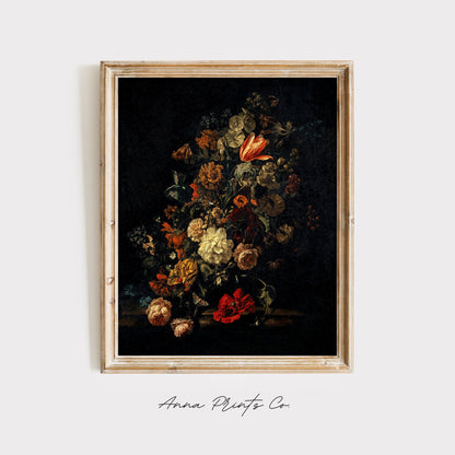 Vintage art print of Still Life with Flowers Moody displayed in wooden frame