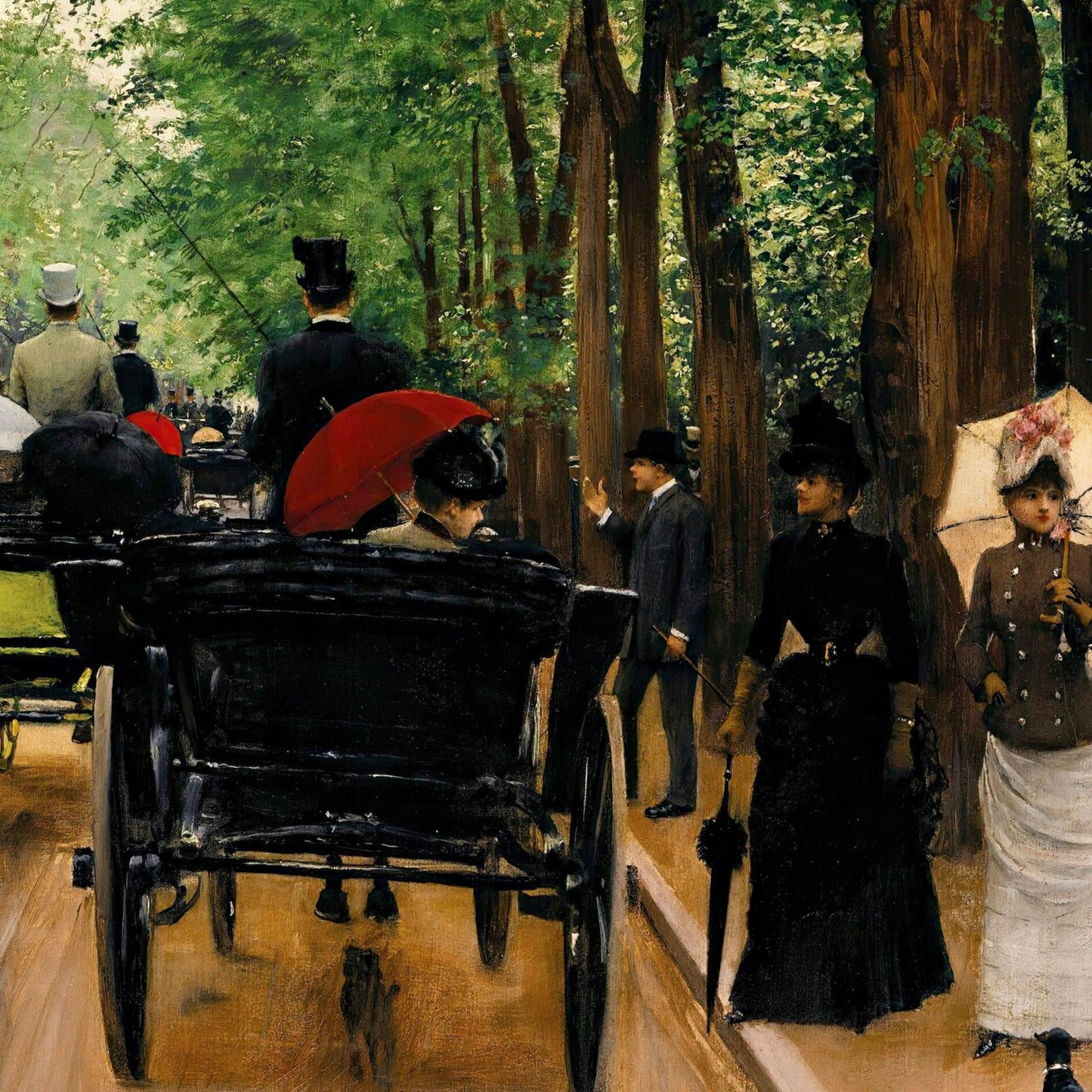 Painting of a horse-drawn carriage in a park with people in formal attire.