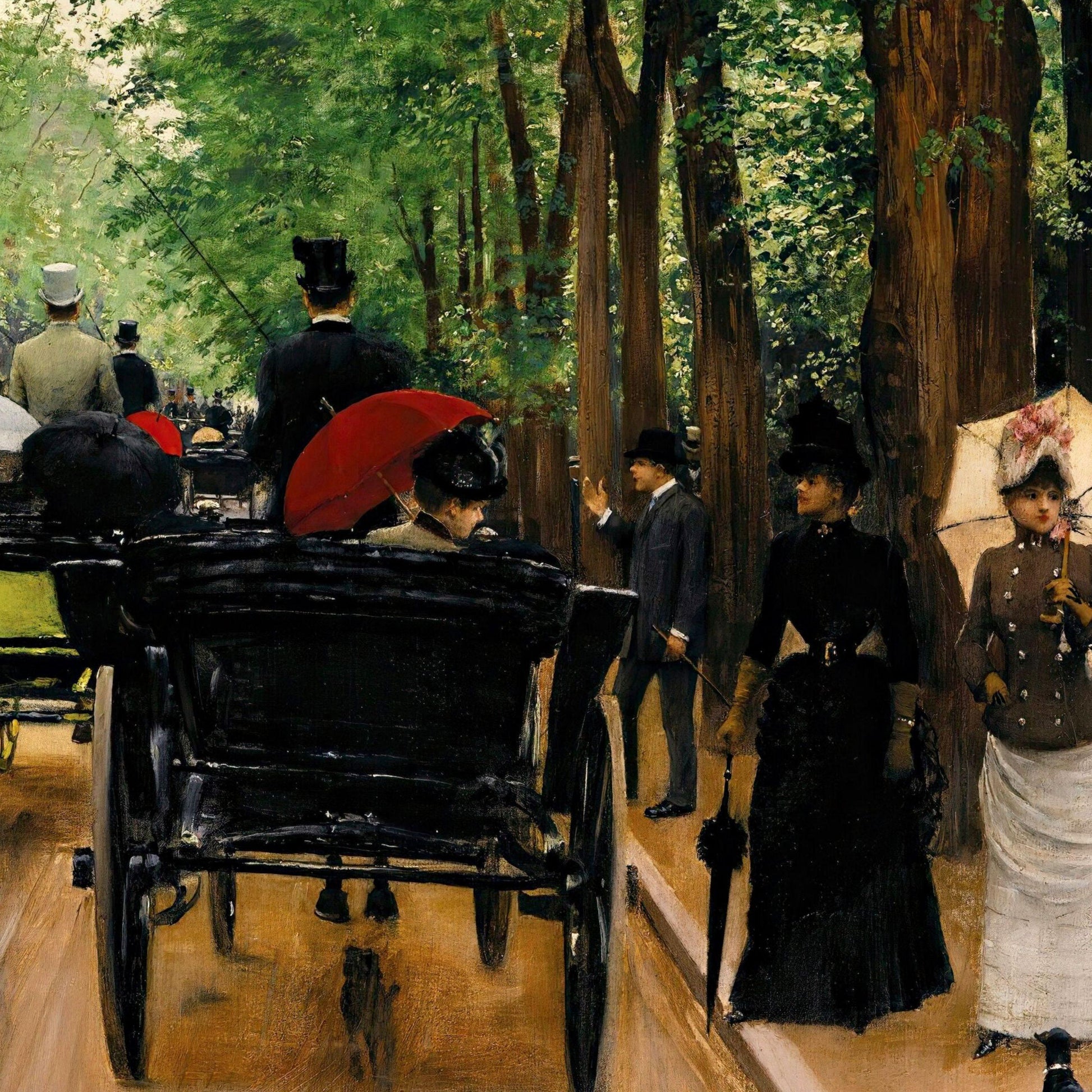 Painting of a horse-drawn carriage in a park with people in formal attire.