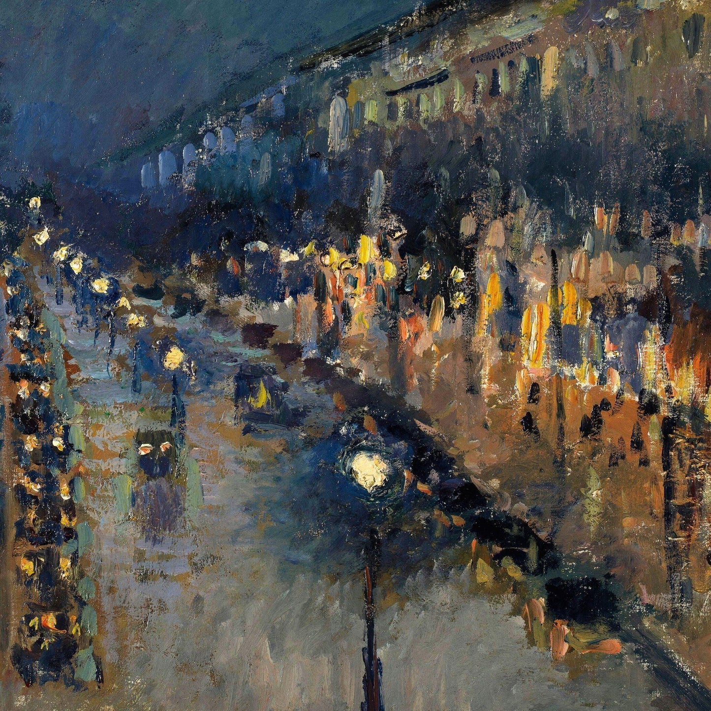 Painting of a city street at night with illuminated buildings and streetlights.