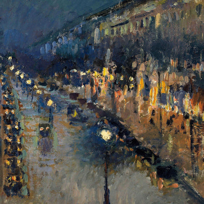 Painting of a city street at night with illuminated buildings and streetlights.