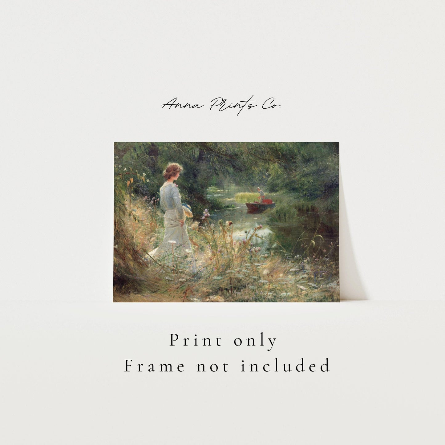 Vintage art print of The Backwater Cottagecore Artwork with text overlay stating frame not included