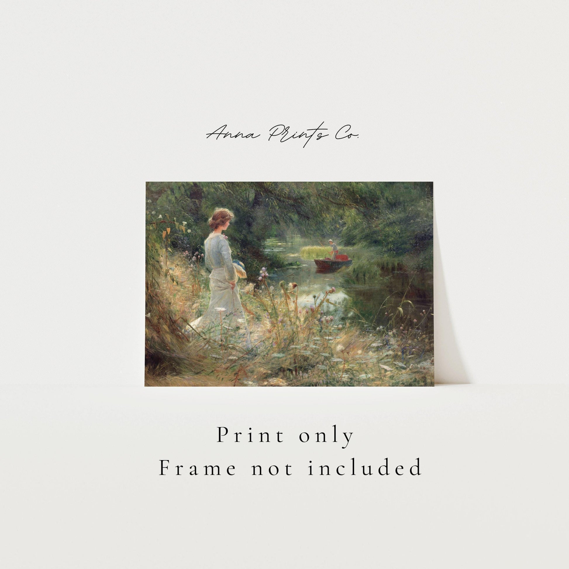 Vintage art print of The Backwater Cottagecore Artwork with text overlay stating frame not included