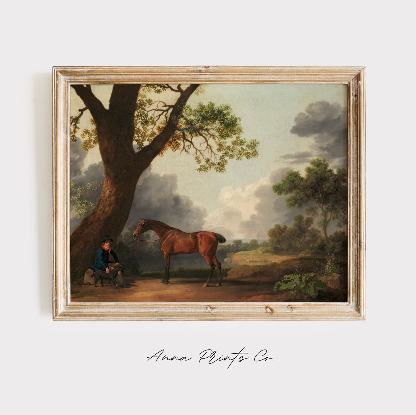 Vintage art print of Horse and Dog Animal Artwork displayed in wooden frame