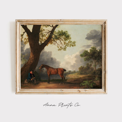 Vintage art print of Horse and Dog Animal Artwork displayed in wooden frame