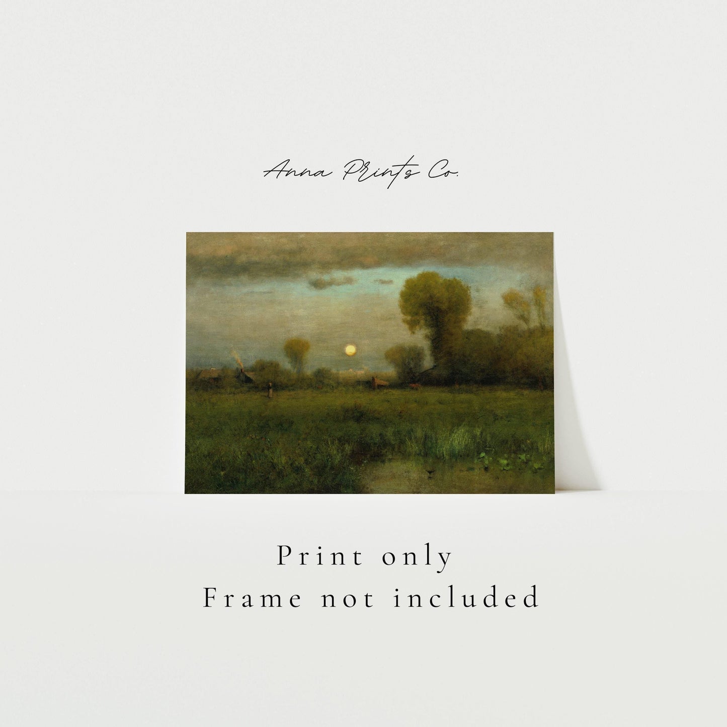 Vintage art print of Harvest Moon Moody Landscape with text overlay stating frame not included