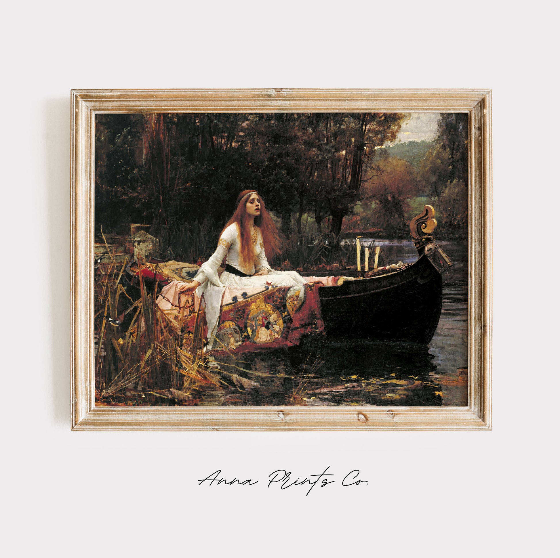 Vintage art print of The Lady of Shalott by Waterhouse displayed in wooden frame