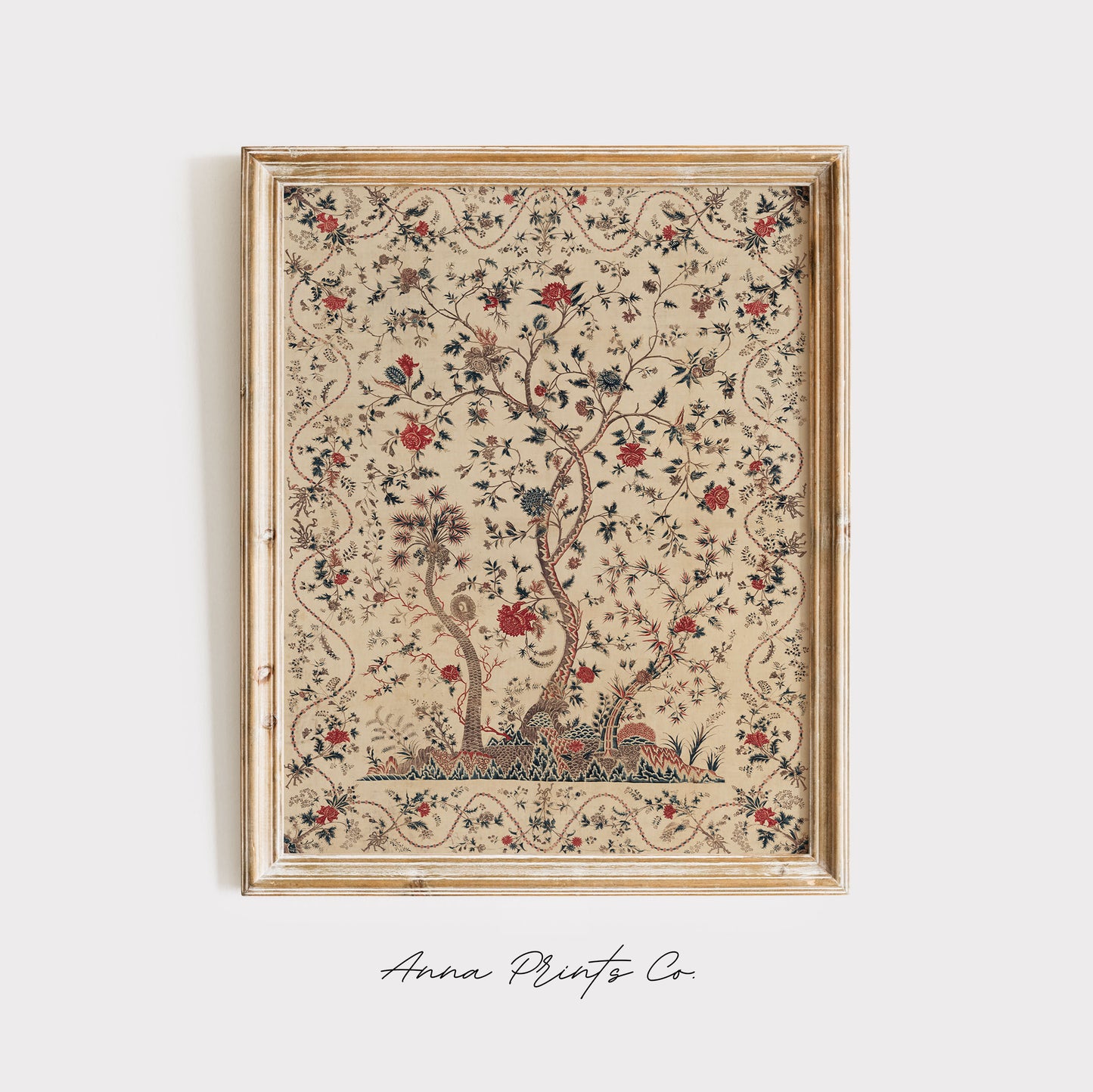 Vintage art print of Indian Palampore Textile Artwork displayed in wooden frame