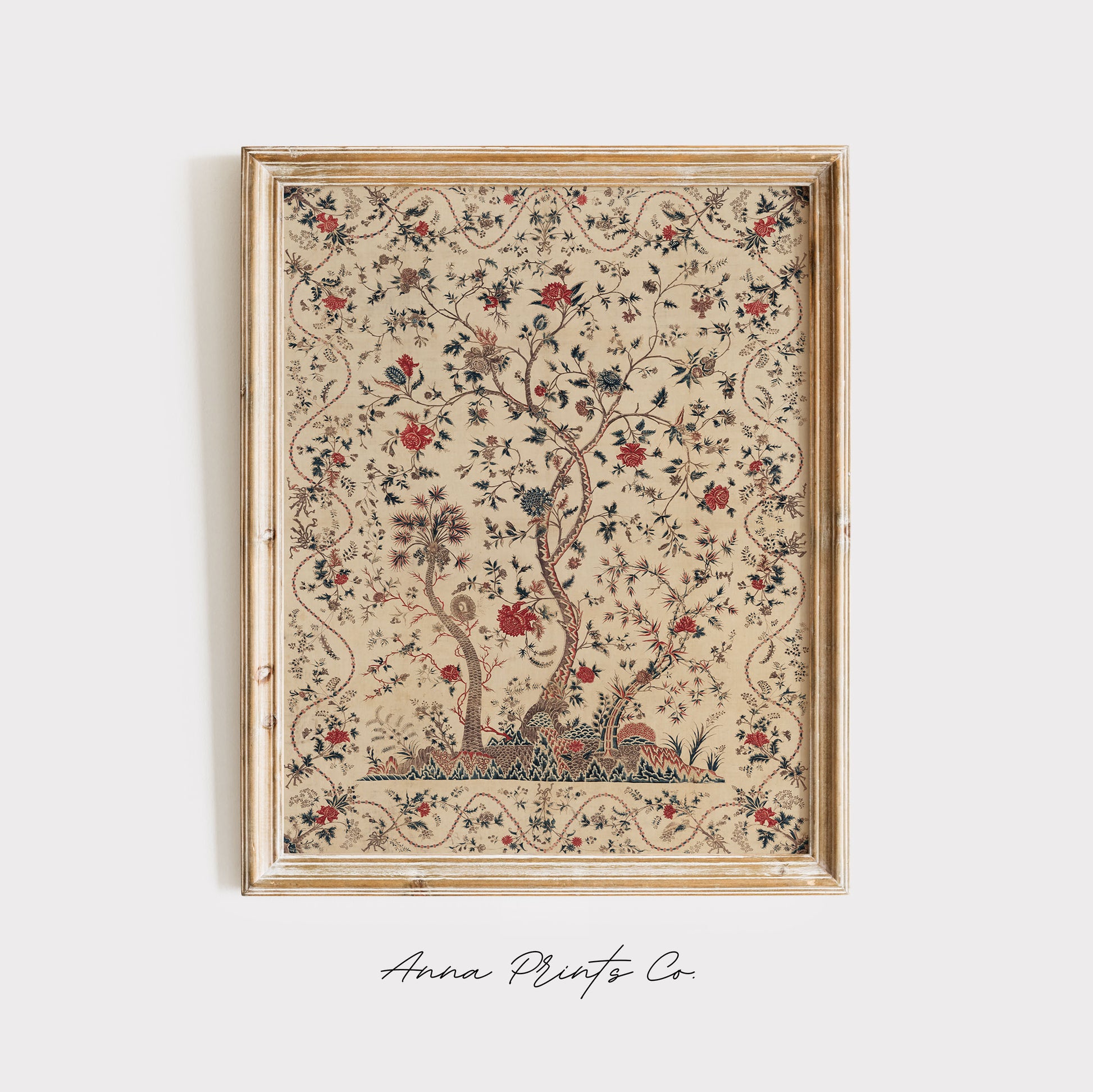 Vintage art print of Indian Palampore Textile Artwork displayed in wooden frame