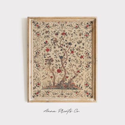 Vintage art print of Indian Palampore Textile Artwork displayed in wooden frame