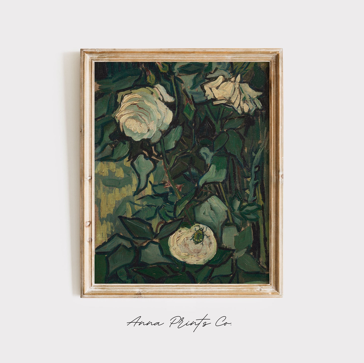 Vintage art print of Roses Painting by Van Gogh displayed in wooden frame