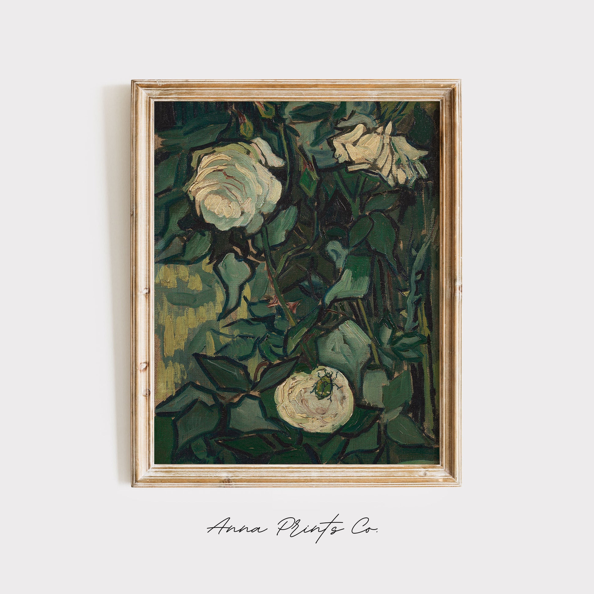 Vintage art print of Roses Painting by Van Gogh displayed in wooden frame