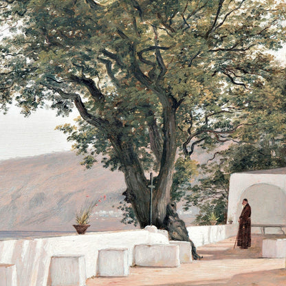 Large tree in a landscape with a person standing nearby, possibly in a Mediterranean setting.