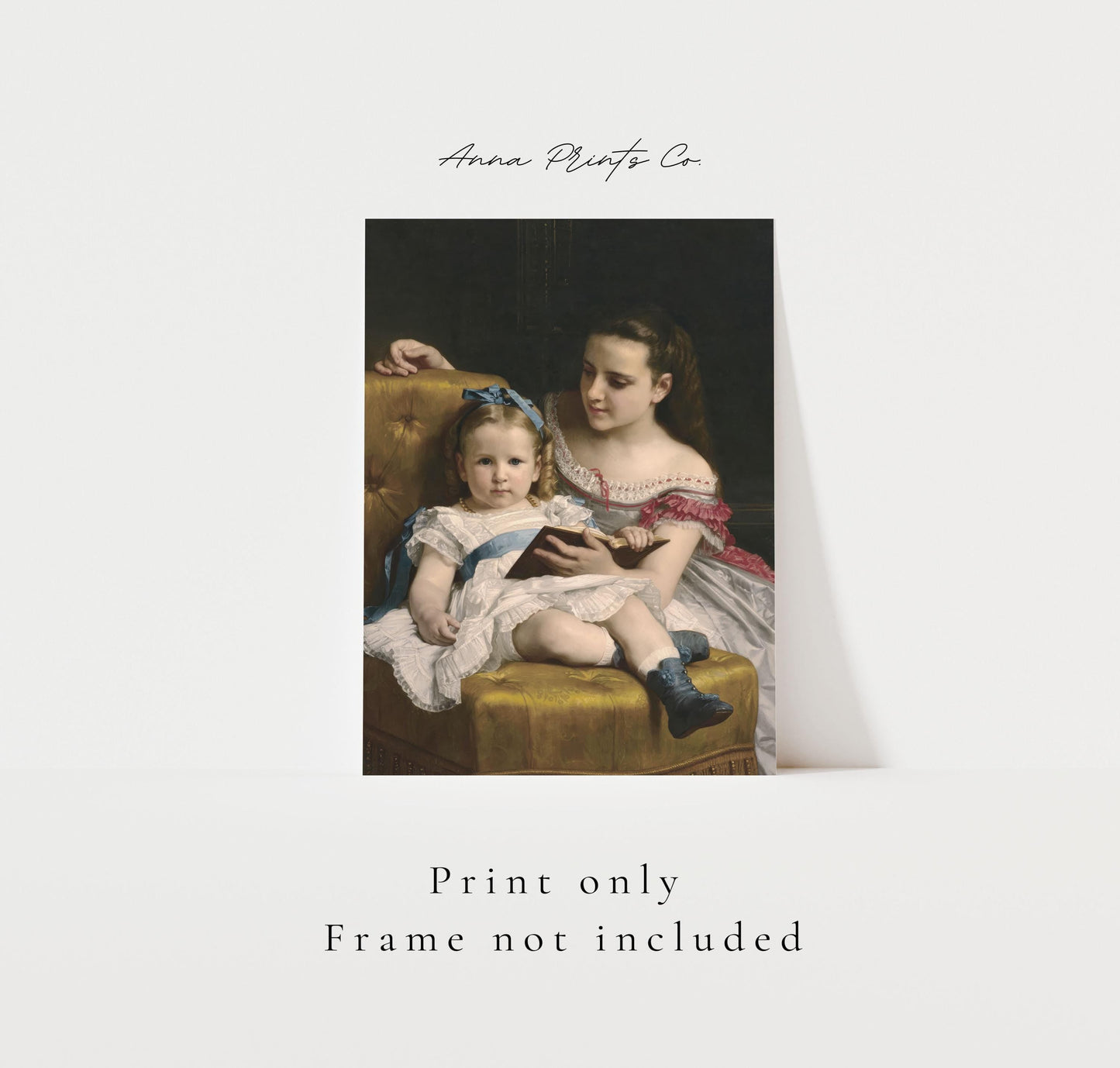 Vintage art print of Portrait of Two Girls by Bouguereau with text overlay stating frame not included