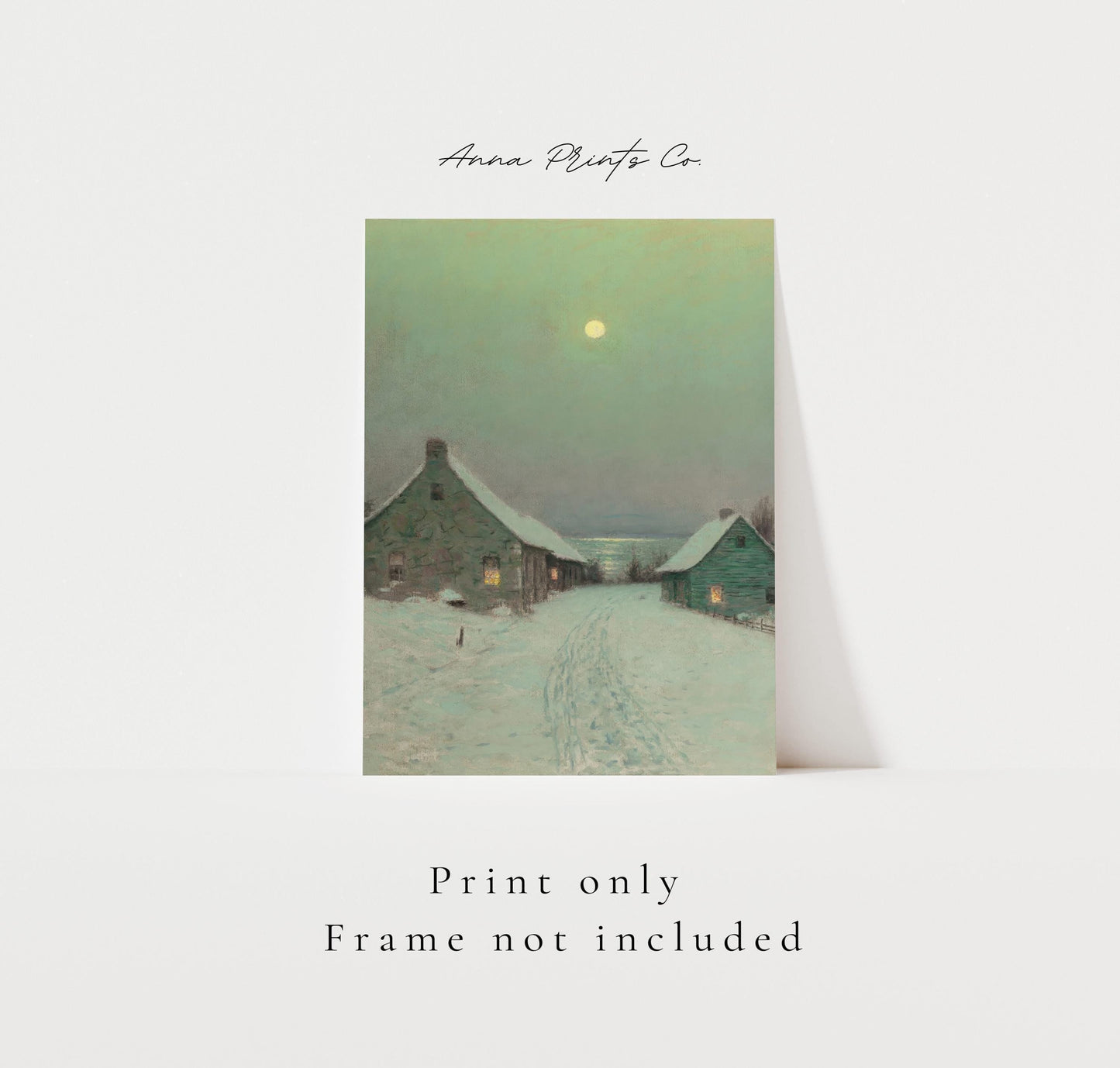 Vintage art print of Christmas Eve Winter Landscape with text overlay stating frame not included