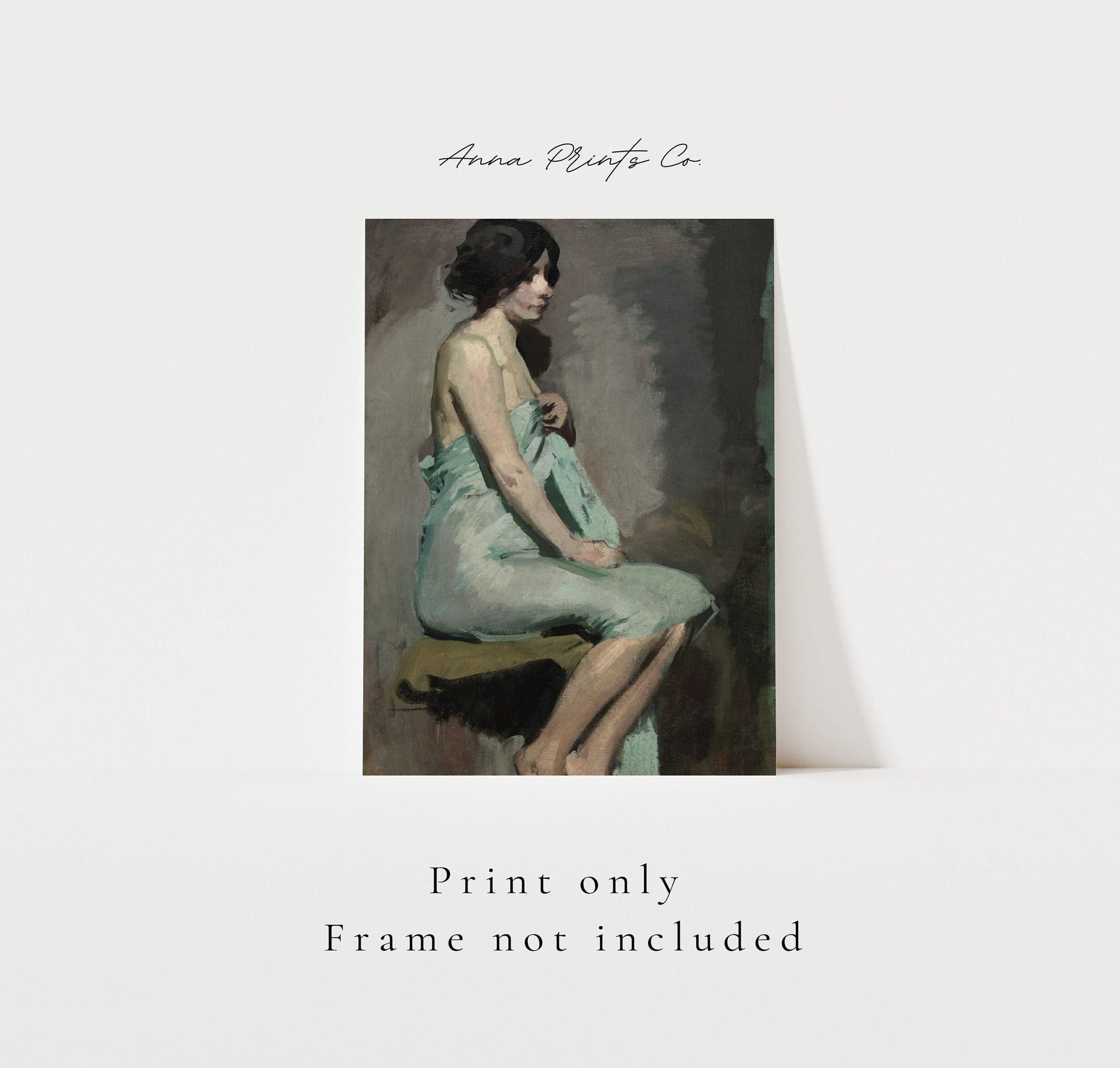 Vintage art print of Study of a Seated Woman Portrait with text overlay stating frame not included
