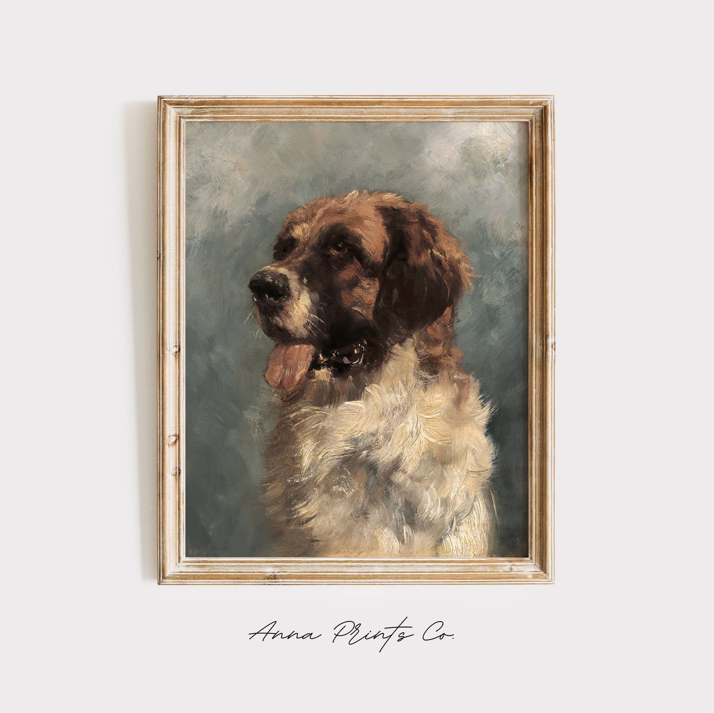 Vintage art print of Saint Bernard Dog Painting displayed in wooden frame