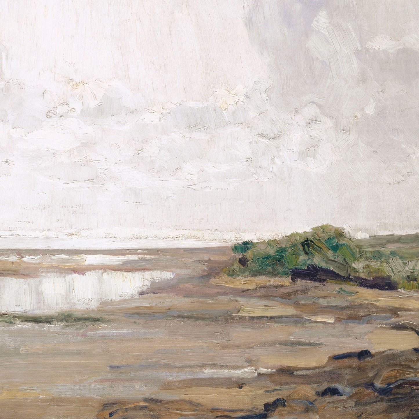 Abstract landscape painting with earthy tones and a cloudy sky.