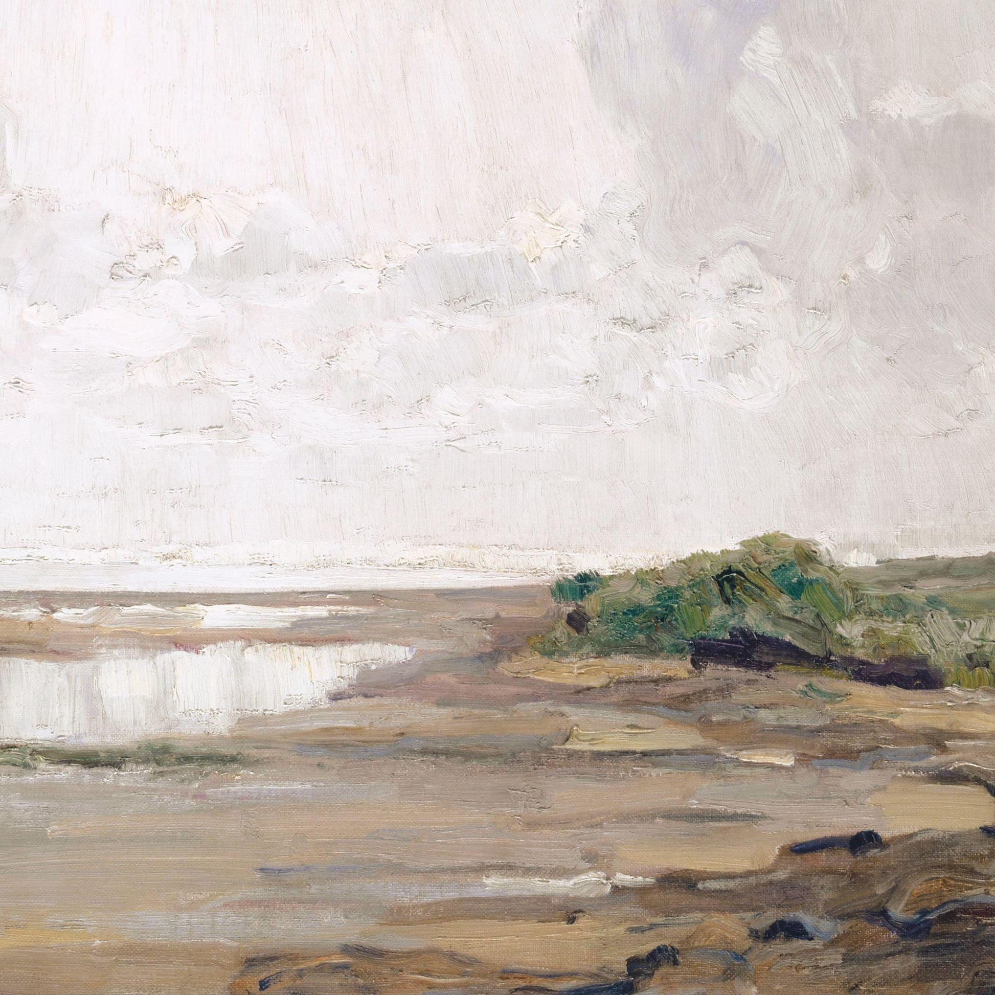 Abstract landscape painting with earthy tones and a cloudy sky.