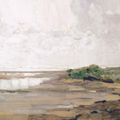 Abstract landscape painting with earthy tones and a cloudy sky.