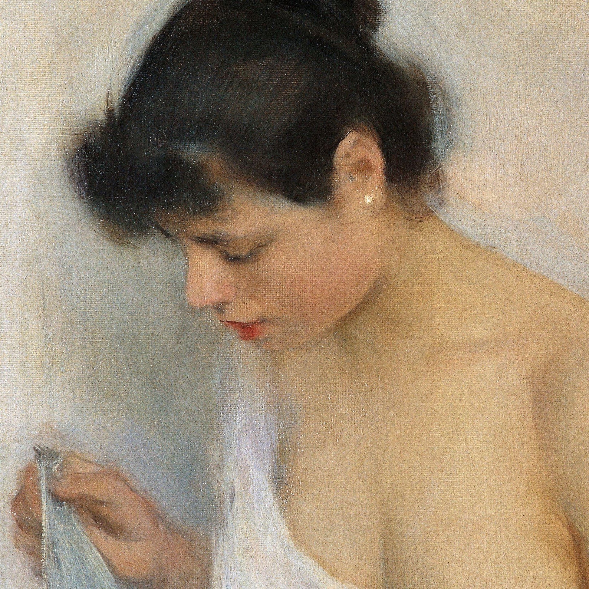 Artistic depiction of a woman holding a towel.