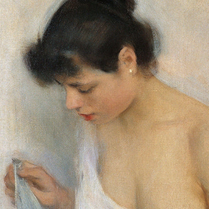 Artistic depiction of a woman holding a towel.