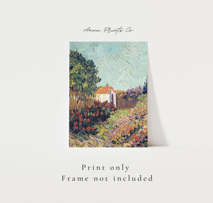 Vintage art print of Van Gogh Style Landscape Artwork with text overlay stating frame not included