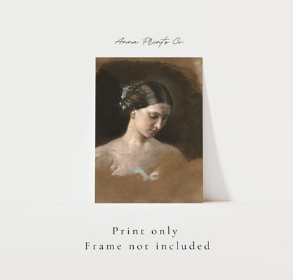 Vintage art print of Portrait of a Woman Moody Painting with text overlay stating frame not included