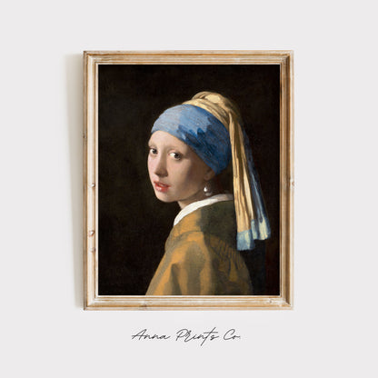 Vintage art print of Girl with a Pearl Earring by Vermeer displayed in wooden frame