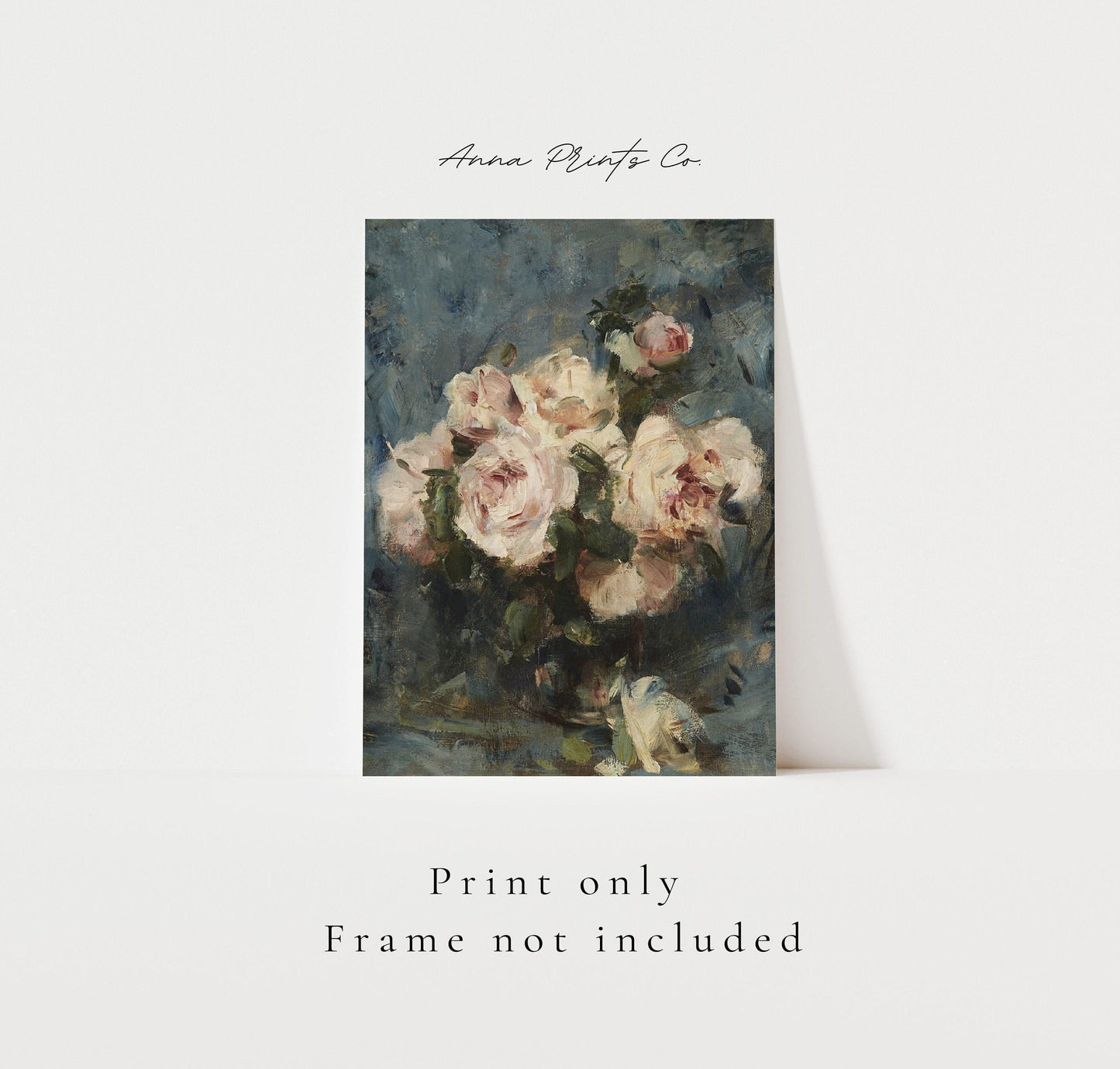Vintage art print of Still Life with Roses Moody Painting with text overlay stating frame not included