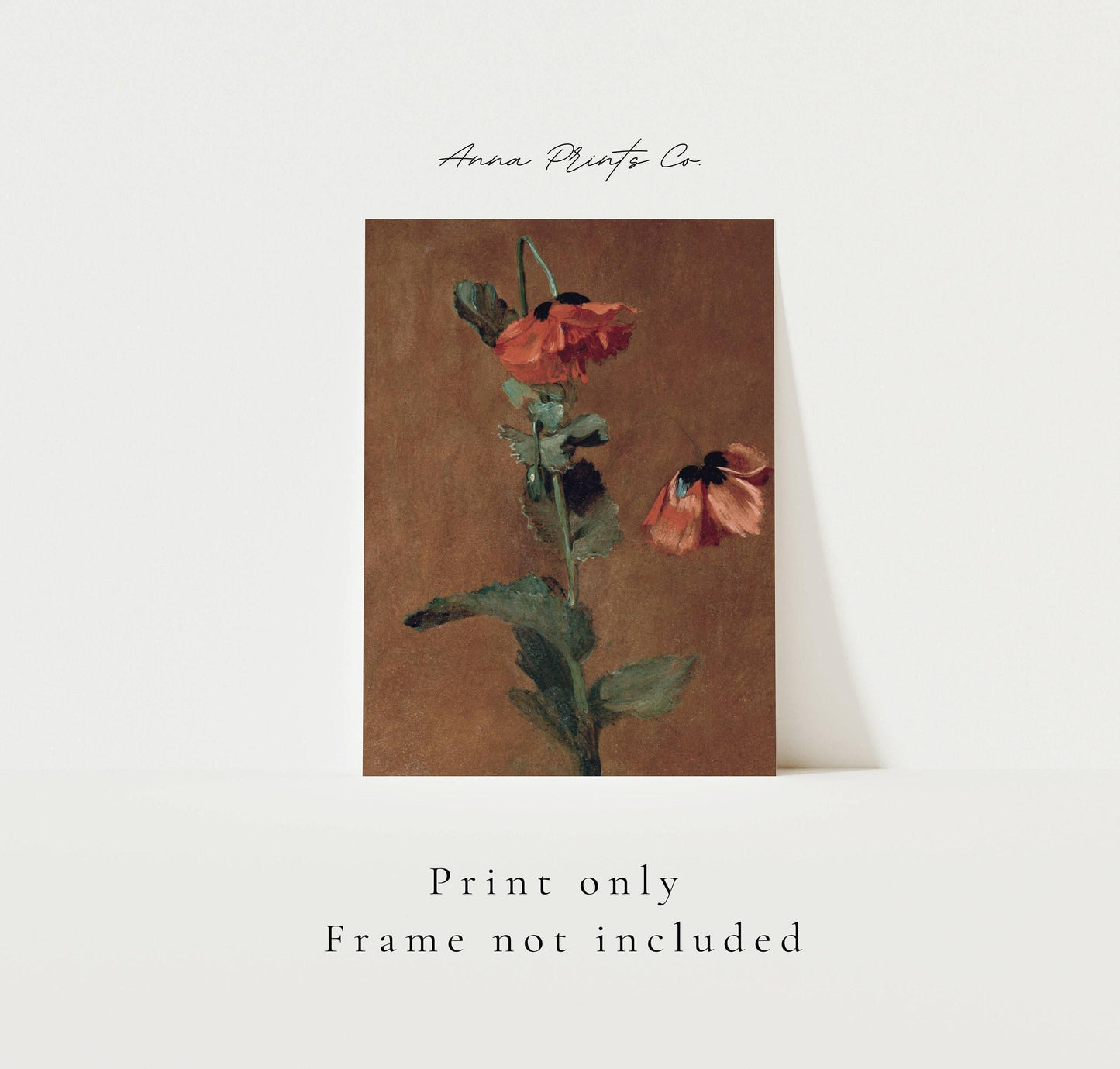 Vintage art print of Study of Poppies Red Flower Painting with text overlay stating frame not included