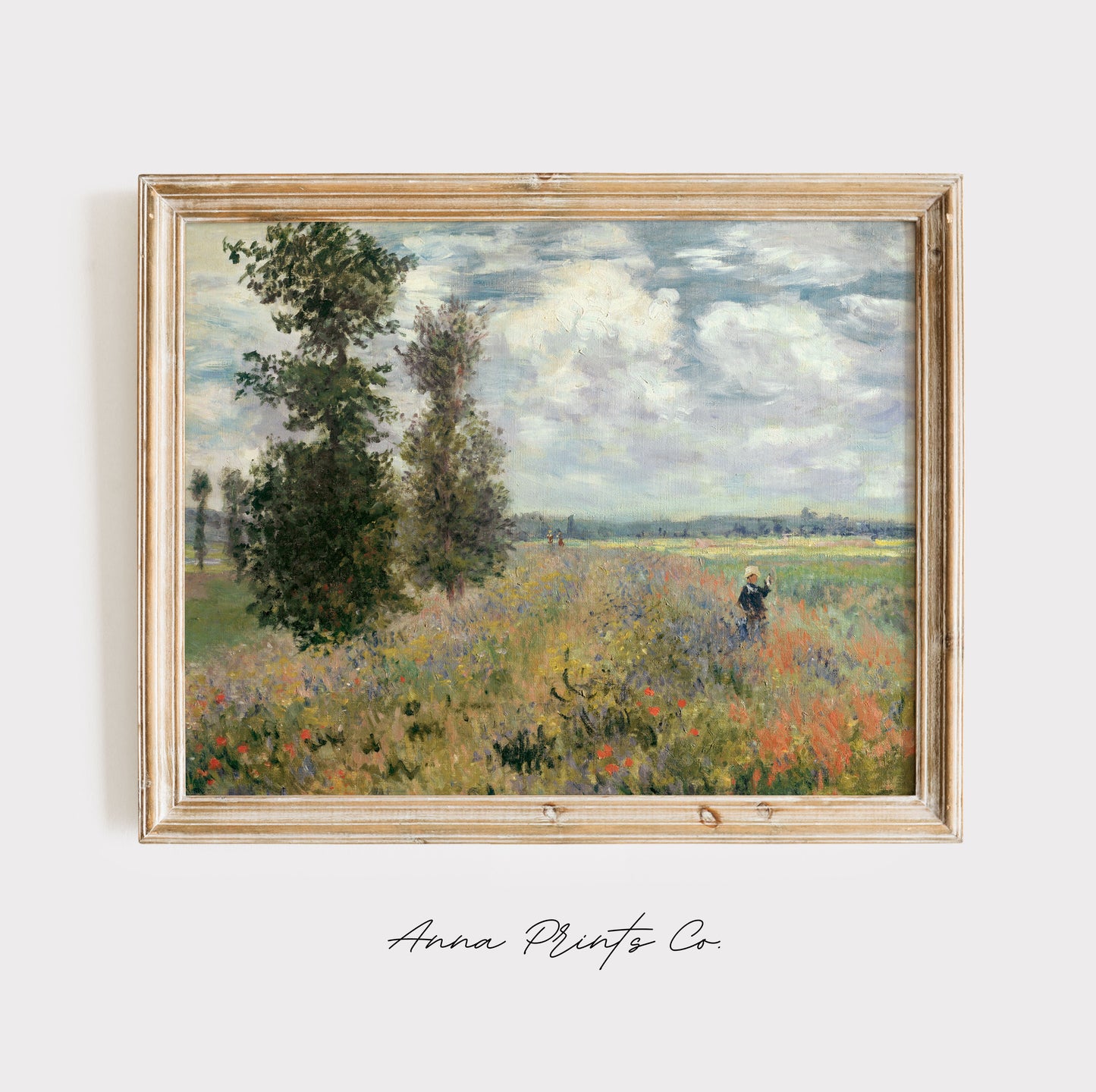 Vintage art print of Poppy Field near Argenteuil by Monet displayed in wooden frame