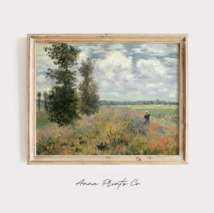 Vintage art print of Poppy Field near Argenteuil by Monet displayed in wooden frame