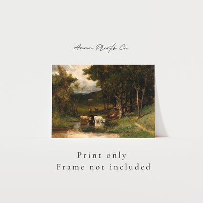 Vintage art print of Cows in Summer Landscape with text overlay stating frame not included