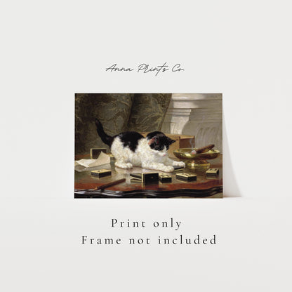 Vintage art print of Cat at Play Animal Artwork with text overlay stating frame not included