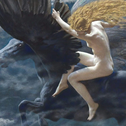 Nude figure with wings interacting with a large bird-like creature in a fantasy setting