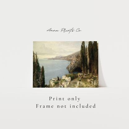 Vintage art print of View of Ragusa Coastal Artwork with text overlay stating frame not included