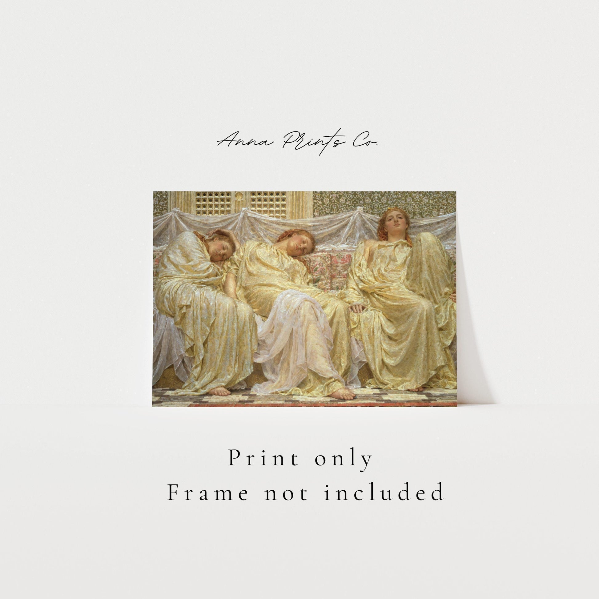 Vintage art print of Classical Woman Portrait with text overlay stating frame not included