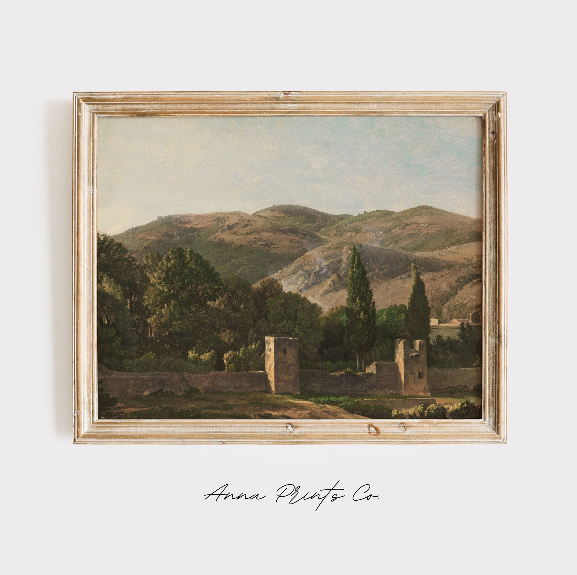 Vintage art print of Italian Landscape Painting displayed in wooden frame