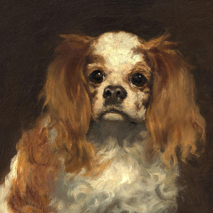 Painting of a dog with brown and white fur on a dark background