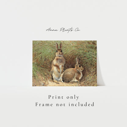 Vintage art print of Rabbits Cottage Animal Painting with text overlay stating frame not included