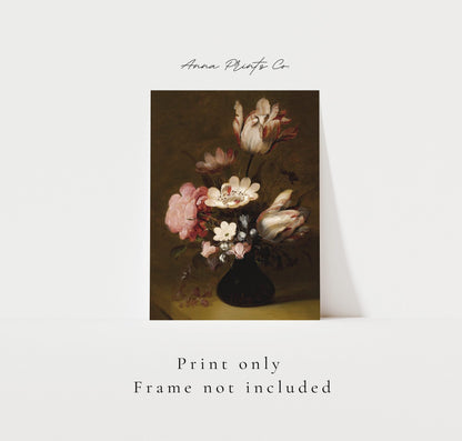Vintage art print of Still Life with Moody Flowers with text overlay stating frame not included