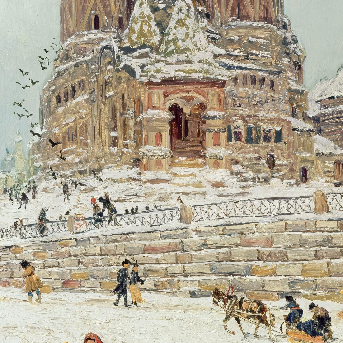 Snowy scene with a large architectural structure, possibly a cathedral, with people and a horse-drawn carriage on a cold day.