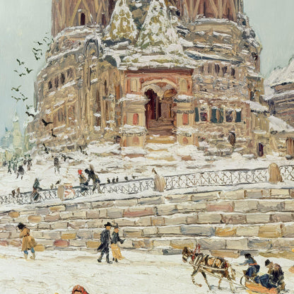 Snowy scene with a large architectural structure, possibly a cathedral, with people and a horse-drawn carriage on a cold day.